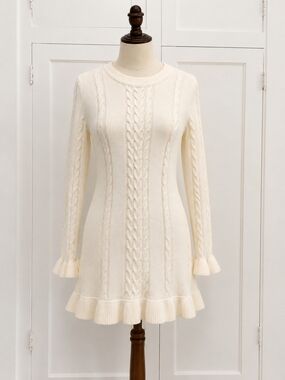 SHEIN Cream Cable-Knit Long Sleeve Ruffle Hem Dress M